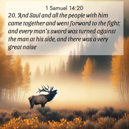 BasicEnglish 1 Samuel  ; image nature: image with the bible verse :And Saul and all the people with him came together and went forward to the fight: and every man&#039;s sword was turned against the man at his side, and there was a very great noise. ; Explore a collection of Bible verses paired with springtime scenes, featuring blooming flowers, lush meadows, and trees in full bloom. These images symbolize divine renewal and hope. Download inspiring verses like KJV 1 Samuel 14:20. Current verse is overlayed with the thematic nature scene : A bull elk bugles across a misty valley. Aspen leaves quake golden in response. ; 14:20