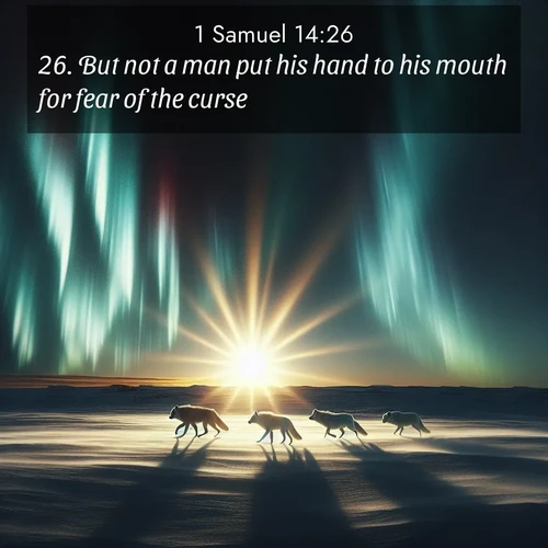 BasicEnglish 1 Samuel  ; image nature: image with the bible verse :But not a man put his hand to his mouth for fear of the curse. ; Browse an inspiring gallery of Bible verse images with nature photos, such as blooming gardens, golden deserts, and shaded forests. The chosen images capture the peaceful and joyful essence of God&#039;s creation, with vibrant colors and harmonious fonts. Share verses like KJV 1 Samuel 14:26. Current verse is overlayed with the thematic nature scene : Arctic wolves traverse windswept tundra. Northern lights paint their fur in shifting colors. ; 14:26
