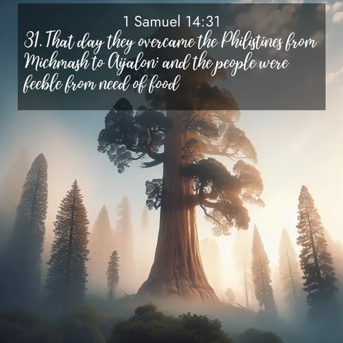 BasicEnglish 1 Samuel  ; image nature: image with the bible verse :That day they overcame the Philistines from Michmash to Aijalon: and the people were feeble from need of food. ; Browse our selection of stunning Bible verse images featuring unique natural scenes like fiery autumn forests, serene meadows, and starlit skies. Download and share verses like KJV 1 Samuel 14:31 for free. Current verse is overlayed with the thematic nature scene : A giant sequoia reaches through morning fog. Centuries of growth stretch skyward in silent majesty. ; 14:31