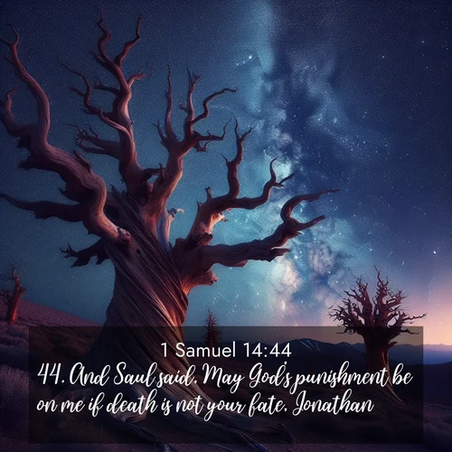 BasicEnglish 1 Samuel  ; image nature: image with the bible verse :And Saul said, May God&#039;s punishment be on me if death is not your fate, Jonathan. ; Explore an inspiring selection of Bible verse images adorned with nature photos, such as starry skies, verdant hills, and golden beaches. Each image reflects the peace and beauty of God&#039;s creation with vibrant colors and varied fonts. Share uplifting verses like KJV 1 Samuel 14:44. Current verse is overlayed with the thematic nature scene : Ancient bristlecone pines twist toward stars. Time stands still in their presence. ; 14:44