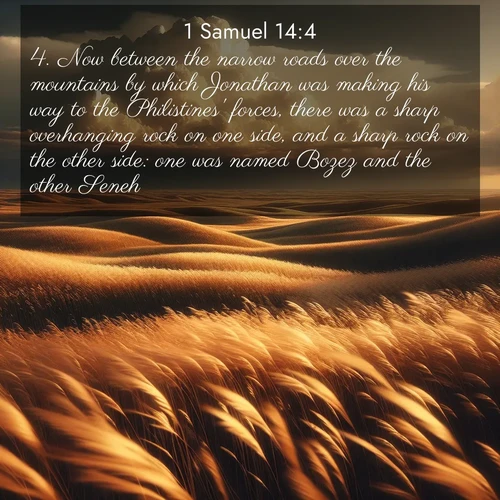 BasicEnglish 1 Samuel  ; image nature: image with the bible verse :Now between the narrow roads over the mountains by which Jonathan was making his way to the Philistines&#039; forces, there was a sharp overhanging rock on one side, and a sharp rock on the other side: one was named Bozez and the other Seneh. ; Download high-resolution Bible verse images showcasing the beauty of God&#039;s creation—from radiant sunsets to tranquil rivers. Free for use as wallpapers or sharing verses like KJV 1 Samuel 14:4. Current verse is overlayed with the thematic nature scene : Prairie grass waves like a golden ocean. Storm clouds build towers on the horizon. ; 14:4