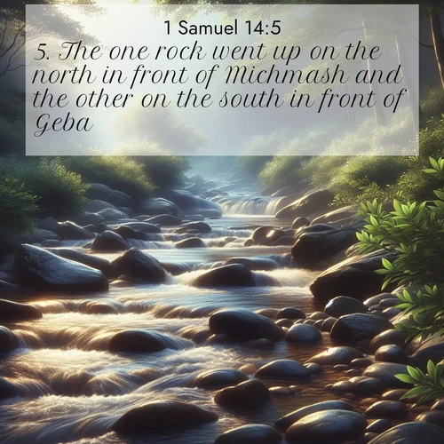 BasicEnglish 1 Samuel  ; image nature: image with the bible verse :The one rock went up on the north in front of Michmash and the other on the south in front of Geba. ; Discover a unique collection of Bible verses adorned with winter landscapes, such as snow-covered forests, gently falling snowflakes, and pristine mountains. These images evoke the peace and purity of God&#039;s creation. Share verses like KJV 1 Samuel 14:5. Current verse is overlayed with the thematic nature scene : A mountain stream tumbles over smooth rocks between banks of mountain laurel. ; 14:5