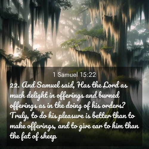 BasicEnglish 1 Samuel  ; image nature: image with the bible verse :And Samuel said, Has the Lord as much delight in offerings and burned offerings as in the doing of his orders? Truly, to do his pleasure is better than to make offerings, and to give ear to him than the fat of sheep. ; Discover Bible verse images capturing the warmth of summer, with beach landscapes, sunlit fields, and clear skies. These bright scenes reflect divine joy. Share verses like KJV 1 Samuel 15:22. Current verse is overlayed with the thematic nature scene : Moss-draped cypress trees emerge from morning fog. Spanish moss sways like ancient lace. ; 15:22