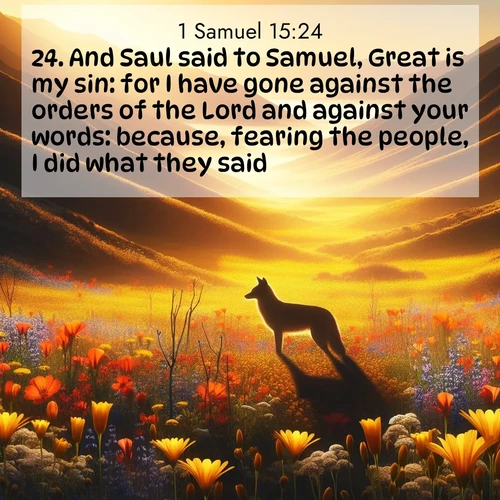 BasicEnglish 1 Samuel  ; image nature: image with the bible verse :And Saul said to Samuel, Great is my sin: for I have gone against the orders of the Lord and against your words: because, fearing the people, I did what they said. ; Explore an exceptional collection of Bible verse images accompanied by photos of nature, showcasing snowy mountains, serene forests, and still lakes. These images feature luminous tones and varied fonts to bring serenity and inspiration. Share uplifting verses like KJV 1 Samuel 15:24. Current verse is overlayed with the thematic nature scene : Spring wildflowers carpet Death Valley in gold. A coyote&#039;s silhouette melts into the blooms. ; 15:24