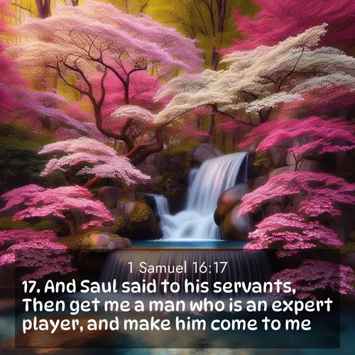 BasicEnglish 1 Samuel  ; image nature: image with the bible verse :And Saul said to his servants, Then get me a man who is an expert player, and make him come to me. ; Admire Bible images representing autumn, with swirling leaves, misty skies, and vibrant trees. These images inspire profound spiritual reflection. Download and share verses like KJV 1 Samuel 16:17. Current verse is overlayed with the thematic nature scene : A spring cascade plunges into a pool surrounded by flowering dogwood. ; 16:17