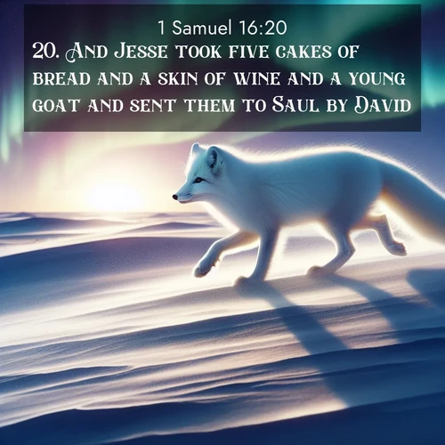 BasicEnglish 1 Samuel  ; image nature: image with the bible verse :And Jesse took five cakes of bread and a skin of wine and a young goat and sent them to Saul by David. ; Dive into our collection of Bible verses paired with coastal scenes, featuring calming waves, infinite beaches, and reflections of the sun on the water. These images evoke the peace and beauty of God. Share verses like KJV 1 Samuel 16:20. Current verse is overlayed with the thematic nature scene : An arctic fox hunts across windswept tundra. Northern lights paint its white coat in pastels. ; 16:20