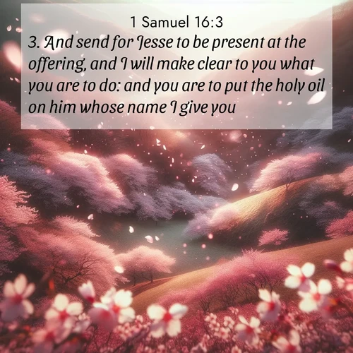 BasicEnglish 1 Samuel  ; image nature: image with the bible verse :And send for Jesse to be present at the offering, and I will make clear to you what you are to do: and you are to put the holy oil on him whose name I give you. ; Discover a gallery of Bible verse images showcasing the beauty of autumn, with golden leaves, red forests, and peaceful fields bathed in soft light. These soothing scenes are perfect for accompanying inspiring verses like KJV 1 Samuel 16:3. Current verse is overlayed with the thematic nature scene : Cherry blossoms blanket the hillside in soft pink snow, swirling through the air like nature&#039;s confetti. ; 16:3