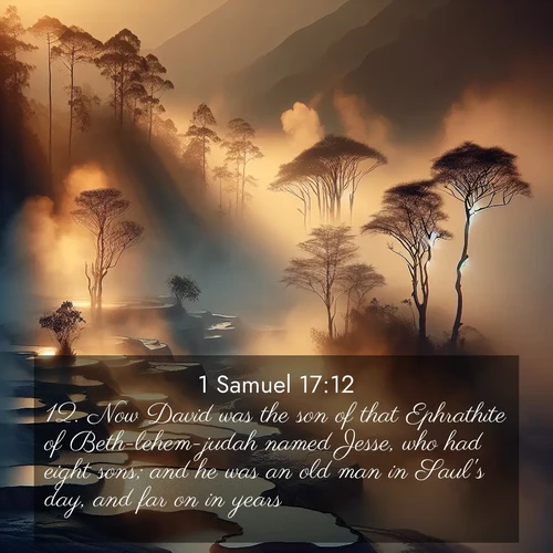 BasicEnglish 1 Samuel  ; image nature: image with the bible verse :Now David was the son of that Ephrathite of Beth-lehem-judah named Jesse, who had eight sons; and he was an old man in Saul&#039;s day, and far on in years. ; Access a vast collection of Bible verse images illustrated with natural landscapes like calm rivers, blooming fields, and bright horizons. These images emphasize the serenity and splendor of God&#039;s creation, accompanied by aesthetic fonts and joyful colors. Download verses like KJV 1 Samuel 17:12 and share them. Current verse is overlayed with the thematic nature scene : Morning mist rises from thermal pools. Steam dragons dance in golden light. ; 17:12