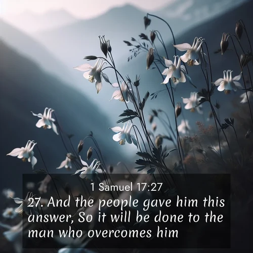 BasicEnglish 1 Samuel  ; image nature: image with the bible verse :And the people gave him this answer, So it will be done to the man who overcomes him. ; Explore our gallery of inspiring Bible verse images showcasing divine beauty through nature. Download scenic images like snowy peaks, lush meadows, or radiant sunsets paired with verses like KJV 1 Samuel 17:27. Current verse is overlayed with the thematic nature scene : Wild columbines dance in breeze. Mountain air carries their perfume. ; 17:27