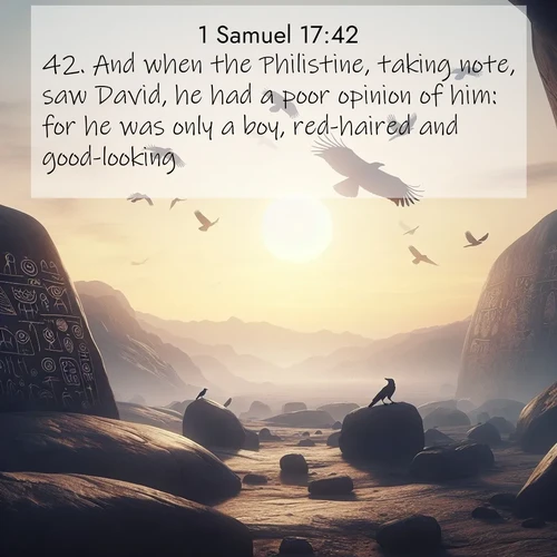 BasicEnglish 1 Samuel  ; image nature: image with the bible verse :And when the Philistine, taking note, saw David, he had a poor opinion of him: for he was only a boy, red-haired and good-looking. ; Browse our collection of Bible verses paired with captivating photos of God’s creation, like crystal-clear lakes, majestic cliffs, and colorful skies. All images are free for download and sharing. Verse examples include KJV 1 Samuel 17:42. Current verse is overlayed with the thematic nature scene : Desert petroglyphs tell ancient stories. Ravens soar past wearing shadows for wings. ; 17:42