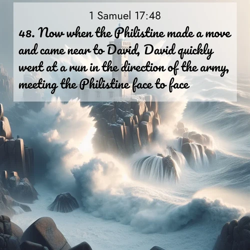 BasicEnglish 1 Samuel  ; image nature: image with the bible verse :Now when the Philistine made a move and came near to David, David quickly went at a run in the direction of the army, meeting the Philistine face to face. ; Discover breathtaking Bible verse images combined with vibrant landscapes like rolling hills, blooming gardens, and starry nights. Use them as wallpapers or to inspire others. Download verses like KJV 1 Samuel 17:48. Current verse is overlayed with the thematic nature scene : Winter storms send massive waves crashing against lighthouse rocks. ; 17:48