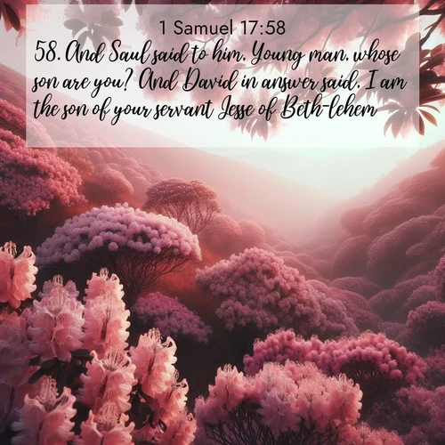 BasicEnglish 1 Samuel  ; image nature: image with the bible verse :And Saul said to him, Young man, whose son are you? And David in answer said, I am the son of your servant Jesse of Beth-lehem. ; Download Bible verse images featuring vibrant photos of nature, from snowy landscapes to golden deserts. These free images are perfect for phone wallpapers, desktop backgrounds, or sharing. Verses include KJV 1 Samuel 17:58. Current verse is overlayed with the thematic nature scene : Mountain laurel blooms paint hillsides pink. Spring breezes carry their honey scent. ; 17:58