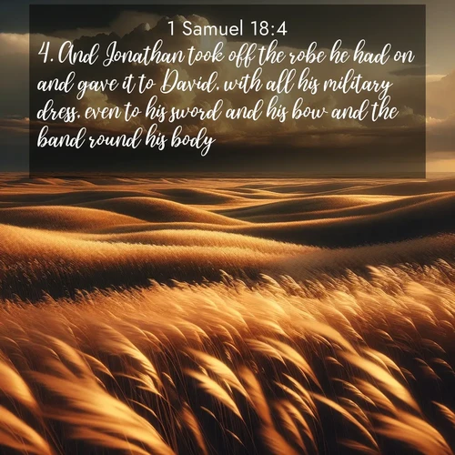 BBE 1 Samuel 18:4 overlaying nature image scene: Prairie grass waves like a golden ocean. Storm clouds build towers on the horizon.;4. And Jonathan took off the robe he had on and gave it to David, with all his military dress, even to his sword and his bow and the band round his body.
