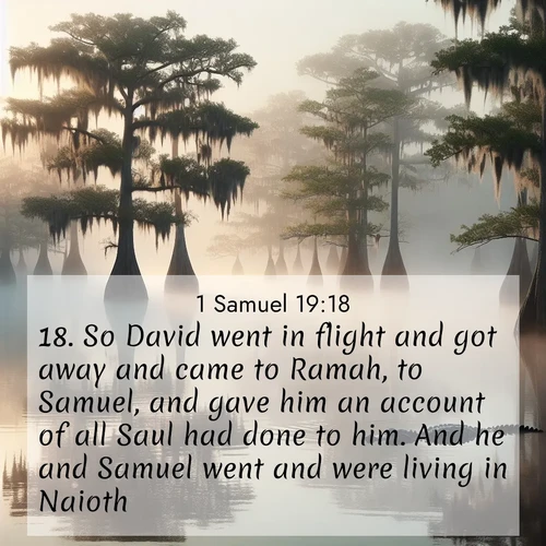 BasicEnglish 1 Samuel  ; image nature: image with the bible verse :So David went in flight and got away and came to Ramah, to Samuel, and gave him an account of all Saul had done to him. And he and Samuel went and were living in Naioth. ; Explore free Bible verse images with stunning nature themes, including sunlit paths, forest clearings, and endless horizons. Perfect for desktop backgrounds or phone wallpapers. Verses include KJV 1 Samuel 19:18. Current verse is overlayed with the thematic nature scene : Morning fog clings to gnarled cypress trees in the swamp. An alligator glides silently through the dark water. ; 19:18
