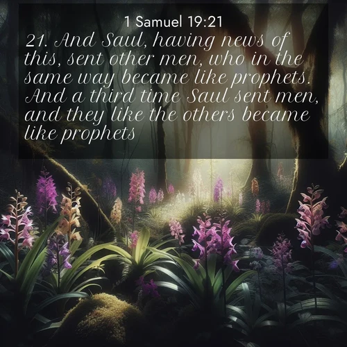 BasicEnglish 1 Samuel  ; image nature: image with the bible verse :And Saul, having news of this, sent other men, who in the same way became like prophets. And a third time Saul sent men, and they like the others became like prophets. ; Download high-resolution Bible verse images showcasing the beauty of God&#039;s creation—from radiant sunsets to tranquil rivers. Free for use as wallpapers or sharing verses like KJV 1 Samuel 19:21. Current verse is overlayed with the thematic nature scene : Wild orchids bloom in forest shade. Filtered light reveals their grace. ; 19:21