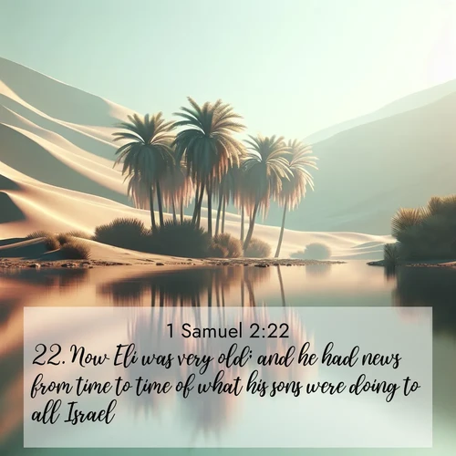 BasicEnglish 1 Samuel  ; image nature: image with the bible verse :Now Eli was very old; and he had news from time to time of what his sons were doing to all Israel. ; Admire our gallery of Bible verse images paired with serene nature photography, featuring starlit skies, golden sands, and blooming wildflowers. Download and share verses like KJV 1 Samuel 2:22. Current verse is overlayed with the thematic nature scene : A desert oasis shimmers in the midday heat, palm fronds rustling above still waters. ; 2:22