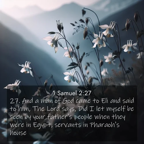 BasicEnglish 1 Samuel  ; image nature: image with the bible verse :And a man of God came to Eli and said to him, The Lord says, Did I let myself be seen by your father&#039;s people when they were in Egypt, servants in Pharaoh&#039;s house? ; Browse Bible images illustrated by desert landscapes, with endless skies, golden dunes, and isolated palm trees. These images evoke the calm and grandeur of God&#039;s creation. Download inspiring verses like KJV 1 Samuel 2:27. Current verse is overlayed with the thematic nature scene : Wild columbines dance in breeze. Mountain air carries their perfume. ; 2:27