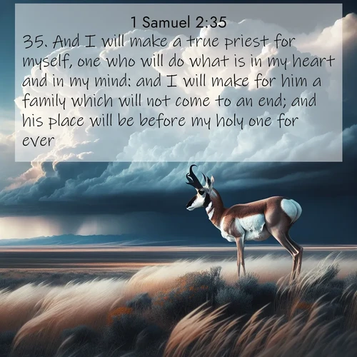 BasicEnglish 1 Samuel  ; image nature: image with the bible verse :And I will make a true priest for myself, one who will do what is in my heart and in my mind: and I will make for him a family which will not come to an end; and his place will be before my holy one for ever. ; Explore winter-themed Bible verse images illustrated by snowy mountains, frost-covered branches, and clear skies. These landscapes reflect divine purity and peace. Download verses like KJV 1 Samuel 2:35. Current verse is overlayed with the thematic nature scene : A pronghorn pauses on wind-swept plains. Storm clouds build dark towers above. ; 2:35