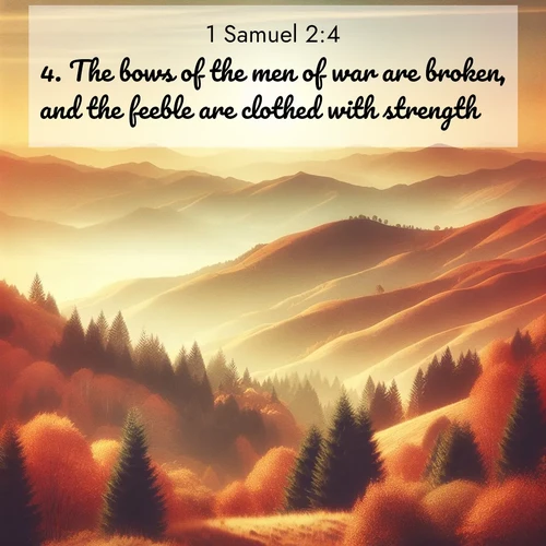 BasicEnglish 1 Samuel  ; image nature: image with the bible verse :The bows of the men of war are broken, and the feeble are clothed with strength. ; Dive into our collection of Bible verse images beautifully illustrated with beach photos, featuring gentle waves, sunsets over the sea, and sandy shores. These scenes evoke the peace and majesty of God. Download and share inspiring verses like KJV 1 Samuel 2:4. Current verse is overlayed with the thematic nature scene : Autumn colors paint hillsides in warm earth tones. ; 2:4