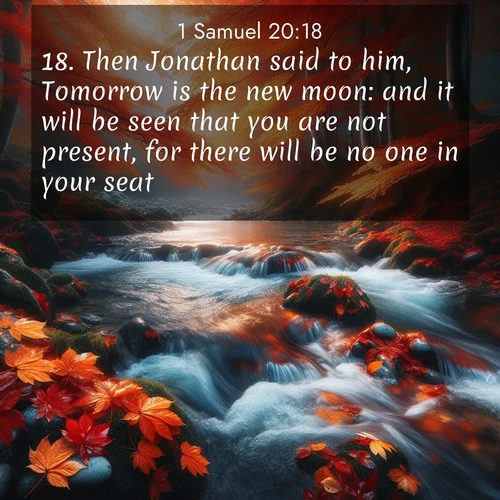 BasicEnglish 1 Samuel  ; image nature: image with the bible verse :Then Jonathan said to him, Tomorrow is the new moon: and it will be seen that you are not present, for there will be no one in your seat. ; Browse high-resolution Bible verse images featuring stunning nature photography, such as radiant sunsets, tranquil rivers, and blooming fields. Perfect for wallpapers or sharing on social media. Download KJV 1 Samuel 20:18. Current verse is overlayed with the thematic nature scene : Autumn leaves swirl in eddies along a mountain stream. ; 20:18