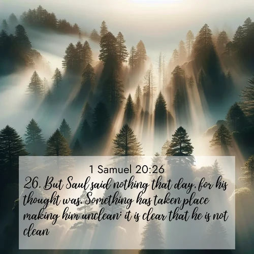 BasicEnglish 1 Samuel  ; image nature: image with the bible verse :But Saul said nothing that day, for his thought was, Something has taken place making him unclean; it is clear that he is not clean. ; Discover a rich selection of Bible verse images illustrated by natural landscapes like tranquil beaches, golden fields, and majestic trees. These images aim to capture the peace and beauty of God&#039;s creation, with vibrant colors and varied typography. Download and share inspiring verses like KJV 1 Samuel 20:26. Current verse is overlayed with the thematic nature scene : Coastal redwoods disappear into fog. Filtered sunlight creates divine rays. ; 20:26