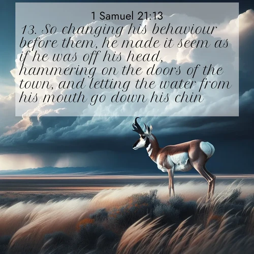 BasicEnglish 1 Samuel  ; image nature: image with the bible verse :So changing his behaviour before them, he made it seem as if he was off his head, hammering on the doors of the town, and letting the water from his mouth go down his chin. ; Admire our gallery of Bible verse images showcasing divine beauty in nature—whether snowy peaks or serene oceans. Each image is freely downloadable and perfect for personal or spiritual use. Share verses like KJV 1 Samuel 21:13. Current verse is overlayed with the thematic nature scene : A pronghorn pauses on wind-swept plains. Storm clouds build dark towers above. ; 21:13