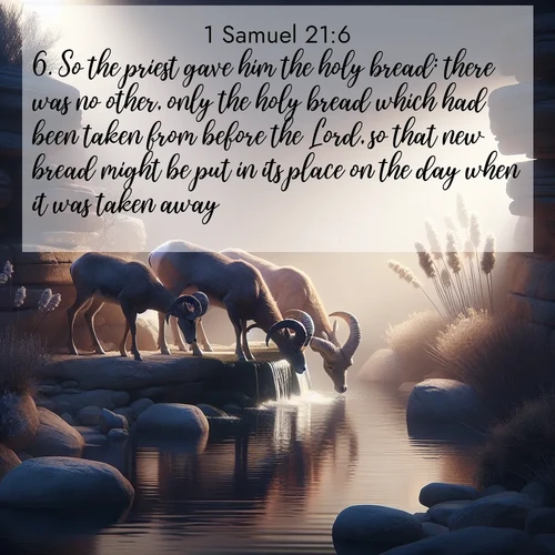 BasicEnglish 1 Samuel  ; image nature: image with the bible verse :So the priest gave him the holy bread: there was no other, only the holy bread which had been taken from before the Lord, so that new bread might be put in its place on the day when it was taken away. ; Dive into our collection of Bible verse images combined with sublime nature photos, such as graceful waterfalls, radiant sunsets, and endless meadows. These compositions highlight the peace and harmony of God&#039;s creation with vivid colors and carefully integrated text. Download and share verses like KJV 1 Samuel 21:6. Current verse is overlayed with the thematic nature scene : Desert bighorns drink from hidden springs. Time flows like water through stone. ; 21:6