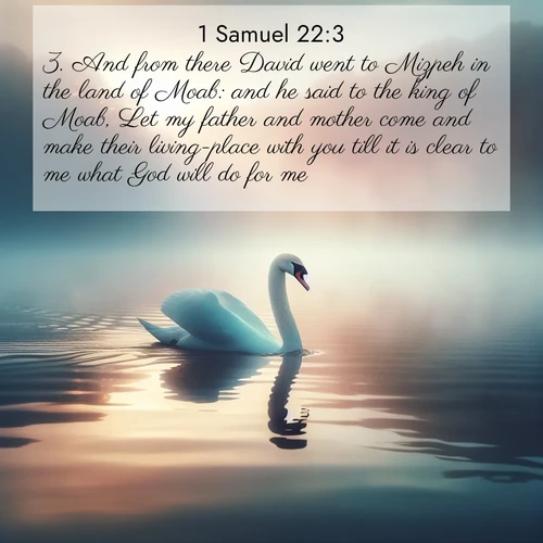 BasicEnglish 1 Samuel  ; image nature: image with the bible verse :And from there David went to Mizpeh in the land of Moab: and he said to the king of Moab, Let my father and mother come and make their living-place with you till it is clear to me what God will do for me. ; Download high-resolution Bible verse images showcasing the beauty of God&#039;s creation—from radiant sunsets to tranquil rivers. Free for use as wallpapers or sharing verses like KJV 1 Samuel 22:3. Current verse is overlayed with the thematic nature scene : A single swan glides across a misty lake. Dawn paints the water in pastels. ; 22:3