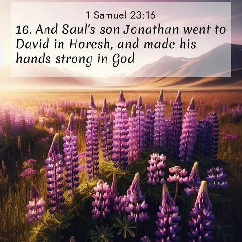 BasicEnglish 1 Samuel  ; image nature: image with the bible verse :And Saul&#039;s son Jonathan went to David in Horesh, and made his hands strong in God; ; Discover Bible images illustrated by desert landscapes, like sand dunes, majestic rocks, and starry skies. These images symbolize the grandeur and immensity of God&#039;s creation. Download verses like KJV 1 Samuel 23:16. Current verse is overlayed with the thematic nature scene : Wild lupines paint purple meadows. Snow lingers on distant peaks. ; 23:16