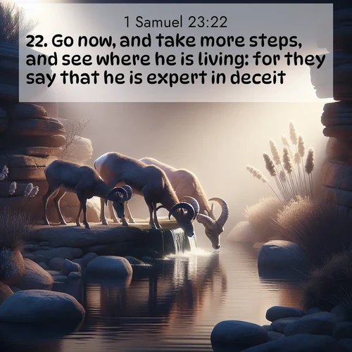 BasicEnglish 1 Samuel  ; image nature: image with the bible verse :Go now, and take more steps, and see where he is living: for they say that he is expert in deceit. ; Admire Bible verse images illustrated by summer photos, such as sunny beaches, sparkling waves, and swaying palm trees. These bright scenes highlight the joy and warmth of God&#039;s creation. Download and share verses like KJV 1 Samuel 23:22. Current verse is overlayed with the thematic nature scene : Desert bighorns drink from hidden springs. Time flows like water through stone. ; 23:22