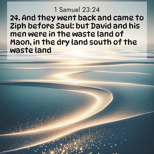 BasicEnglish 1 Samuel  ; image nature: image with the bible verse :And they went back and came to Ziph before Saul: but David and his men were in the waste land of Maon, in the dry land south of the waste land. ; Dive into our collection of Bible verses paired with coastal scenes, featuring calming waves, infinite beaches, and reflections of the sun on the water. These images evoke the peace and beauty of God. Share verses like KJV 1 Samuel 23:24. Current verse is overlayed with the thematic nature scene : Summer heat waves ripple above salt flats stretching to the horizon. ; 23:24