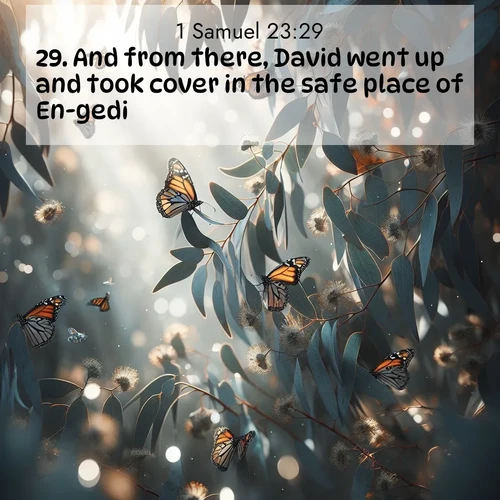BasicEnglish 1 Samuel  ; image nature: image with the bible verse :And from there, David went up and took cover in the safe place of En-gedi. ; Explore an inspiring selection of Bible verse images adorned with nature photos, such as starry skies, verdant hills, and golden beaches. Each image reflects the peace and beauty of God&#039;s creation with vibrant colors and varied fonts. Share uplifting verses like KJV 1 Samuel 23:29. Current verse is overlayed with the thematic nature scene : Monarch butterflies cluster on eucalyptus branches in winter sun. ; 23:29