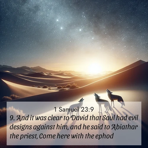 BasicEnglish 1 Samuel  ; image nature: image with the bible verse :And it was clear to David that Saul had evil designs against him, and he said to Abiathar the priest, Come here with the ephod. ; Browse a large collection of Bible verse images with photos showcasing the splendor of nature. Scenes of peaceful rivers, verdant valleys, and radiant skies enhance the inspiring verses. Each image reflects the serenity and joy of God&#039;s creation, with elegant text fonts. Download and share verses such as KJV 1 Samuel 23:9. Current verse is overlayed with the thematic nature scene : Desert coyotes sing to stars. Their voices echo through time. ; 23:9