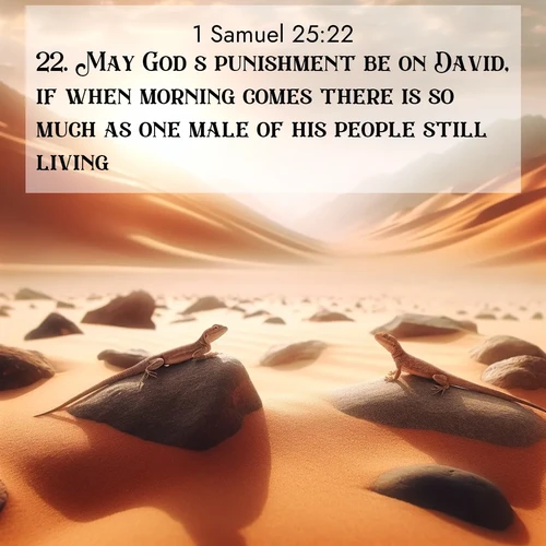 BasicEnglish 1 Samuel  ; image nature: image with the bible verse :May God&#039;s punishment be on David, if when morning comes there is so much as one male of his people still living. ; Dive into our collection of Bible verses paired with breathtaking desert landscapes, featuring infinite dunes, shaded oases, and desert sunsets. These images highlight the majestic grandeur of God&#039;s creation. Download and share verses like KJV 1 Samuel 25:22. Current verse is overlayed with the thematic nature scene : Desert lizards bask on sun-hot rocks. Heat mirages dance like water. ; 25:22