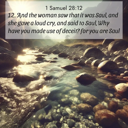 BasicEnglish 1 Samuel  ; image nature: image with the bible verse :And the woman saw that it was Saul, and she gave a loud cry, and said to Saul, Why have you made use of deceit? for you are Saul. ; Explore a unique collection of Bible verses illustrated by winter landscapes, such as snowy mountains, frosty forests, and starry skies. These images capture the peace and beauty of winter. Share verses like KJV 1 Samuel 28:12. Current verse is overlayed with the thematic nature scene : Mountain streams sing ancient songs. Sunlight dances through clear pools. ; 28:12