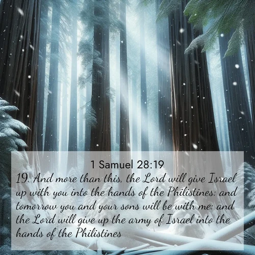 BasicEnglish 1 Samuel  ; image nature: image with the bible verse :And more than this, the Lord will give Israel up with you into the hands of the Philistines: and tomorrow you and your sons will be with me: and the Lord will give up the army of Israel into the hands of the Philistines. ; Discover Bible images capturing the splendor of deserts, with golden dunes, vast skies, and peaceful oases. These landscapes highlight the grandeur and serenity of God&#039;s creation. Share verses like KJV 1 Samuel 28:19. Current verse is overlayed with the thematic nature scene : Snow falls silently on ancient redwoods. Shafts of light pierce through to illuminate the forest floor. ; 28:19