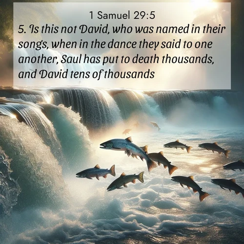 BBE 1 Samuel 29:5 overlaying nature image scene: Wild salmon leap ancient waterfalls. Mist rises like spirits in morning light.;5. Is this not David, who was named in their songs, when in the dance they said to one another, Saul has put to death thousands, and David tens of thousands?
