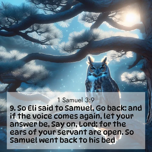 BasicEnglish 1 Samuel  ; image nature: image with the bible verse :So Eli said to Samuel, Go back: and if the voice comes again, let your answer be, Say on, Lord; for the ears of your servant are open. So Samuel went back to his bed. ; Browse Bible images illustrated by desert landscapes, with endless skies, golden dunes, and isolated palm trees. These images evoke the calm and grandeur of God&#039;s creation. Download inspiring verses like KJV 1 Samuel 3:9. Current verse is overlayed with the thematic nature scene : A great horned owl watches from ancient pine branches. Moonlight silvers its silent wings. ; 3:9