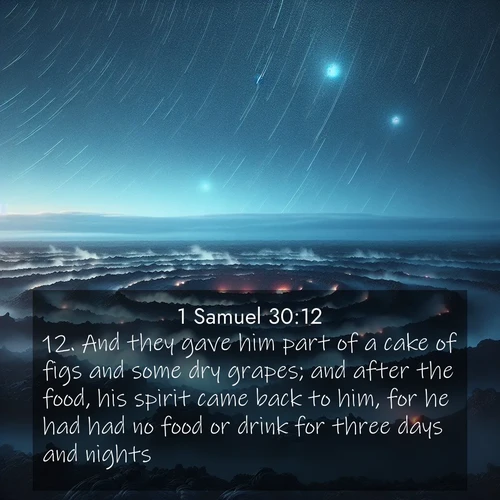 BasicEnglish 1 Samuel  ; image nature: image with the bible verse :And they gave him part of a cake of figs and some dry grapes; and after the food, his spirit came back to him, for he had had no food or drink for three days and nights. ; Discover a gallery of Bible verse images showcasing the beauty of autumn, with golden leaves, red forests, and peaceful fields bathed in soft light. These soothing scenes are perfect for accompanying inspiring verses like KJV 1 Samuel 30:12. Current verse is overlayed with the thematic nature scene : Volcanic steam rises through a field of black lava. Stars wheel overhead in the thin air. ; 30:12