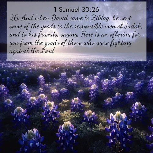 BasicEnglish 1 Samuel  ; image nature: image with the bible verse :And when David came to Ziklag, he sent some of the goods to the responsible men of Judah, and to his friends, saying, Here is an offering for you from the goods of those who were fighting against the Lord; ; Dive into our collection of Bible verse images beautifully illustrated with beach photos, featuring gentle waves, sunsets over the sea, and sandy shores. These scenes evoke the peace and majesty of God. Download and share inspiring verses like KJV 1 Samuel 30:26. Current verse is overlayed with the thematic nature scene : Moonlight illuminates a field of bluebonnets. A warm breeze carries their sweet fragrance across the prairie. ; 30:26