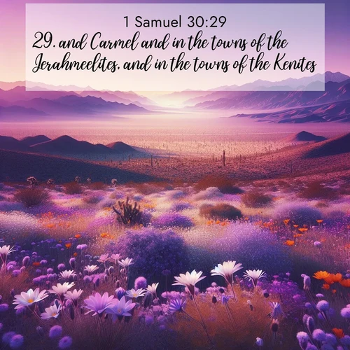 BasicEnglish 1 Samuel  ; image nature: image with the bible verse :and Carmel and in the towns of the Jerahmeelites, and in the towns of the Kenites; ; Browse beautiful Bible verse images accompanied by peaceful scenes like calm seas, ancient forests, and radiant horizons. Download high-quality, free images featuring verses such as KJV 1 Samuel 30:29. Current verse is overlayed with the thematic nature scene : Desert wildflowers carpet Death Valley after winter rains. Mountains fade to purple on the horizon. ; 30:29