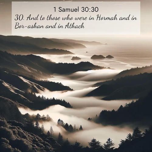 BasicEnglish 1 Samuel  ; image nature: image with the bible verse :And to those who were in Hormah and in Bor-ashan and in Athach; ; Dive into our collection of Bible verses paired with coastal scenes, featuring calming waves, infinite beaches, and reflections of the sun on the water. These images evoke the peace and beauty of God. Share verses like KJV 1 Samuel 30:30. Current verse is overlayed with the thematic nature scene : Coastal fog rolls inland through gaps in seaside hills. ; 30:30