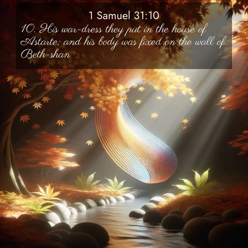 BasicEnglish 1 Samuel  ; image nature: image with the bible verse :His war-dress they put in the house of Astarte; and his body was fixed on the wall of Beth-shan. ; Discover a rich selection of Bible verse images illustrated by natural landscapes like tranquil beaches, golden fields, and majestic trees. These images aim to capture the peace and beauty of God&#039;s creation, with vibrant colors and varied typography. Download and share inspiring verses like KJV 1 Samuel 31:10. Current verse is overlayed with the thematic nature scene : Autumn leaves spiral through shafts of light. A hidden stream provides gentle music. ; 31:10