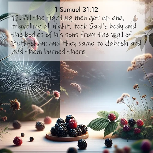 BasicEnglish 1 Samuel  ; image nature: image with the bible verse :All the fighting men got up and, travelling all night, took Saul&#039;s body and the bodies of his sons from the wall of Beth-shan; and they came to Jabesh and had them burned there. ; Explore a collection of inspiring Bible verse images accompanied by winter photos, such as snowy landscapes, frosted trees, and frozen lakes. These images reflect the peace and purity of God&#039;s creation, with elegant fonts and luminous colors. Download and share verses like KJV 1 Samuel 31:12. Current verse is overlayed with the thematic nature scene : Wild blackberries ripen in secret hollows. Morning spider webs catch dew like diamonds. ; 31:12