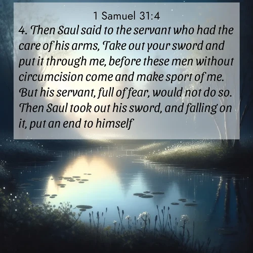 BasicEnglish 1 Samuel  ; image nature: image with the bible verse :Then Saul said to the servant who had the care of his arms, Take out your sword and put it through me, before these men without circumcision come and make sport of me. But his servant, full of fear, would not do so. Then Saul took out his sword, and falling on it, put an end to himself. ; Download inspiring Bible verse images featuring stunning natural vistas, from tropical islands to rolling hills. These free images make perfect wallpapers or gifts. Share verses like KJV 1 Samuel 31:4. Current verse is overlayed with the thematic nature scene : Spring peepers call from a pond reflecting the first evening stars. ; 31:4