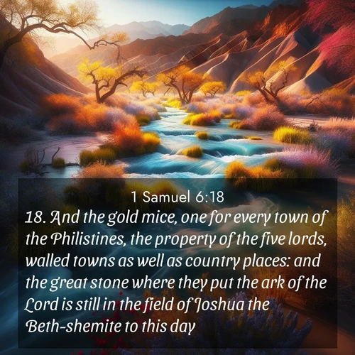 BasicEnglish 1 Samuel  ; image nature: image with the bible verse :And the gold mice, one for every town of the Philistines, the property of the five lords, walled towns as well as country places: and the great stone where they put the ark of the Lord is still in the field of Joshua the Beth-shemite to this day. ; Download Bible verse images featuring vibrant photos of nature, from snowy landscapes to golden deserts. These free images are perfect for phone wallpapers, desktop backgrounds, or sharing. Verses include KJV 1 Samuel 6:18. Current verse is overlayed with the thematic nature scene : Spring floods transform desert arroyos into rushing streams. ; 6:18