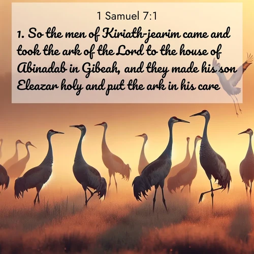 BasicEnglish 1 Samuel  ; image nature: image with the bible verse :So the men of Kiriath-jearim came and took the ark of the Lord to the house of Abinadab in Gibeah, and they made his son Eleazar holy and put the ark in his care. ; Discover tranquil Bible verse images enhanced with natural scenery like rippling brooks, snow-covered fields, and sunlit beaches. These free images are perfect for wallpapers or spiritual reflection. Share KJV 1 Samuel 7:1. Current verse is overlayed with the thematic nature scene : Sandhill cranes dance in morning mist. Their calls echo across the marsh. ; 7:1