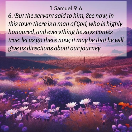 BasicEnglish 1 Samuel  ; image nature: image with the bible verse :But the servant said to him, See now, in this town there is a man of God, who is highly honoured, and everything he says comes true: let us go there now; it may be that he will give us directions about our journey. ; Browse beautiful Bible verse images accompanied by peaceful scenes like calm seas, ancient forests, and radiant horizons. Download high-quality, free images featuring verses such as KJV 1 Samuel 9:6. Current verse is overlayed with the thematic nature scene : Desert wildflowers carpet Death Valley after winter rains. Mountains fade to purple on the horizon. ; 9:6