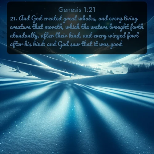 citation biblique : 21. And God created great whales, and every living creature that moveth, which the waters brought forth abundantly, after their kind, and every winged fowl after his kind: and God saw that it was good.
 sur fond image nature
