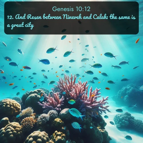 KJV Genesis 10:12 overlaying nature image scene: Tropical fish dart through coral reefs in crystal-clear waters.;12. And Resen between Nineveh and Calah: the same is a great city.